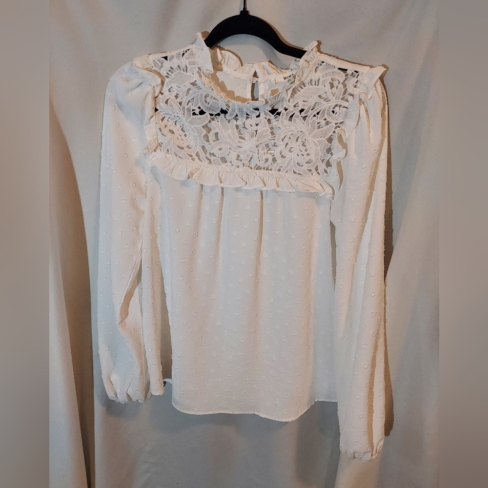 Mine Boho Chic White Lace Detail Blouse With Polka Dots